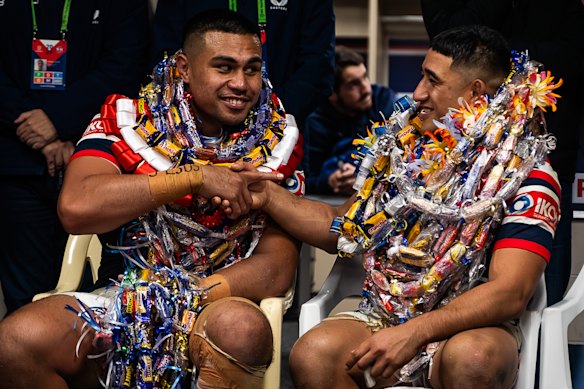 Roosters debutants Xavier Va’a (left) and Benaiah Ioelu in the sheds at Gosford.
