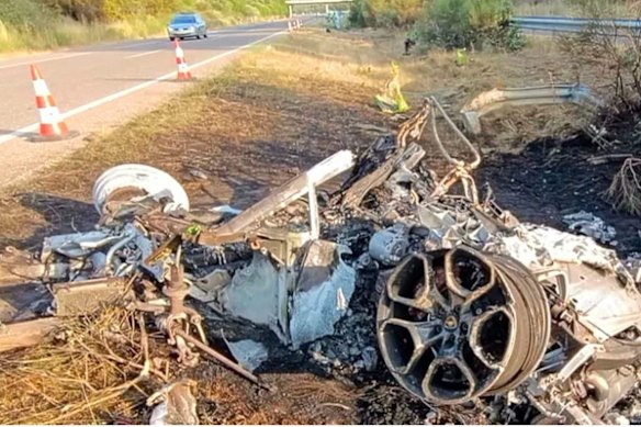 The wreckage of the Lamborghini, which crashed in northern Spain.