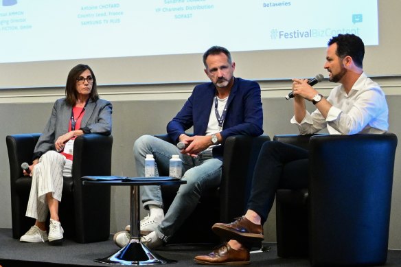 TV executives Sandrine Durand, Marcus Ammon and Antoine Chotard discussing FAST TV at the Monte-Carlo TV Festival.