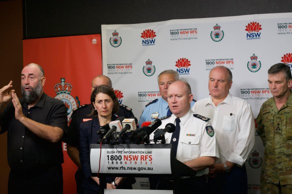 NSW Premier Gladys Berejiklian and Rural Fire Service Commissioner Shane Fitzsimmons briefed the media at RFS headquarters on Saturday.