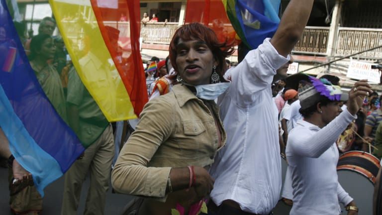 Indian gay rights supporters participate in a pride march in Mumbai.