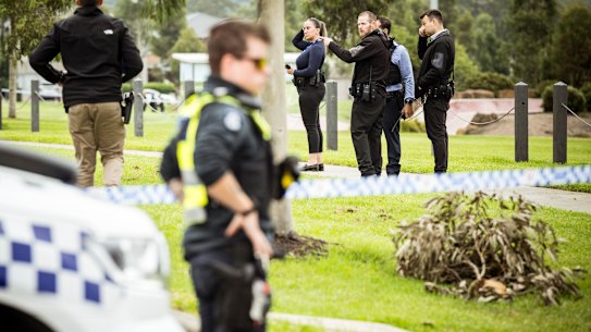 Police search parkland at Aston Fields in Craigieburn after a daylight shooting on Thursday. 