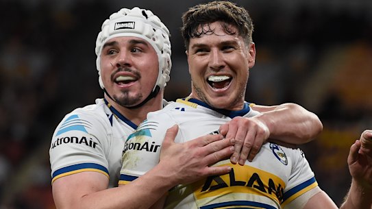 Reed Mahoney (left) and Mitchell Moses celebrate a Parramatta Eels try.