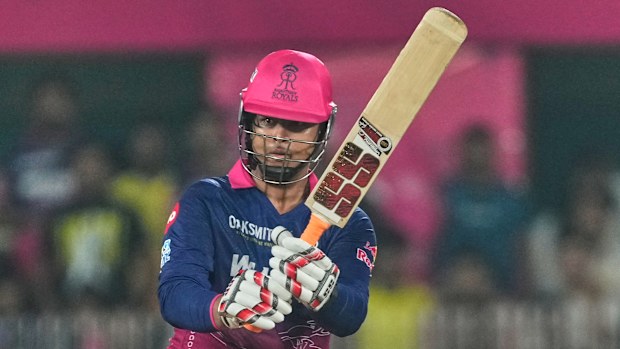 Rajasthan Royals' Vaibhav Sooryavanshi watches the ball 