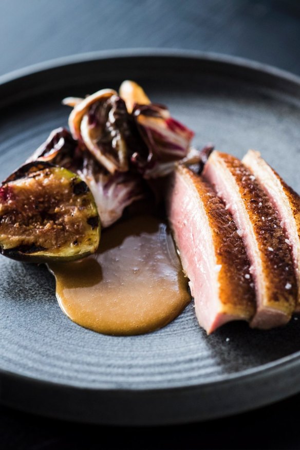 Duck with radicchio, fig and hazelnut.