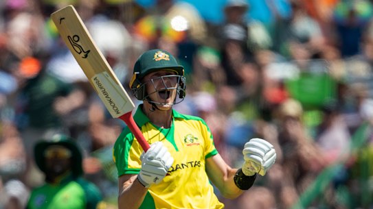 Marnus Labuschagne celebrates his century during the third and final one-day international match at Senwes Park, Potchefstroom.