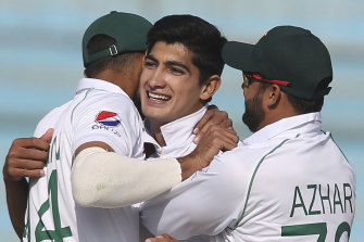 Naseem Shah, centre, was a match-winner for Pakistan against Sri Lanka in Karachi.