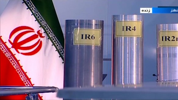 Three mockups of domestically-built centrifuges are shown in a live TV program from Natanz, an Iranian uranium enrichment plant, last year.