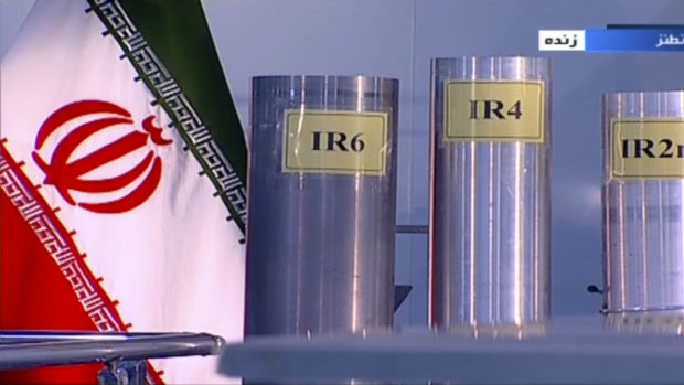 Three mockups of domestically-built centrifuges are shown in a live TV program from Natanz, an Iranian uranium enrichment plant, last year.