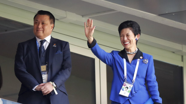 Japanese Princess Takamado waves from the VIP at the 2018 soccer World Cup in the Mordavia Arena in Saransk, Russia.