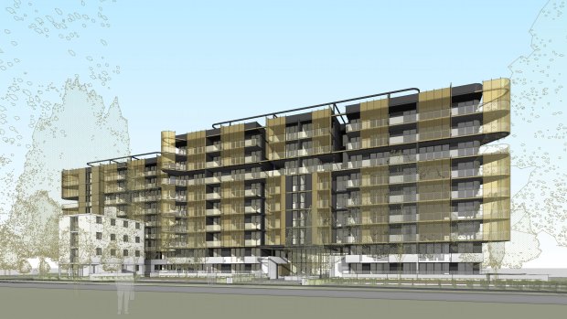 An artist's impression show the Dickson Towers building nestled in next to the proposed apartment buildings.