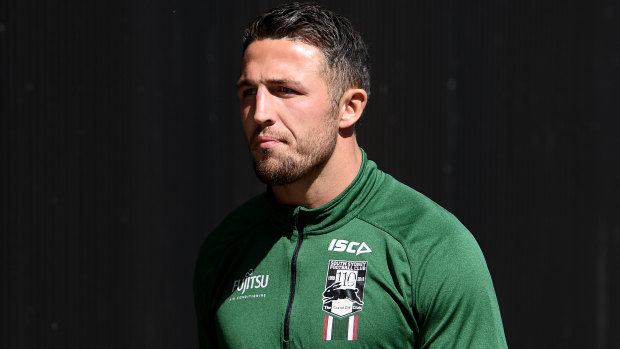 Fronting up: Sam Burgess addressed the Souths sexting scandal for the first time on Tuesday.