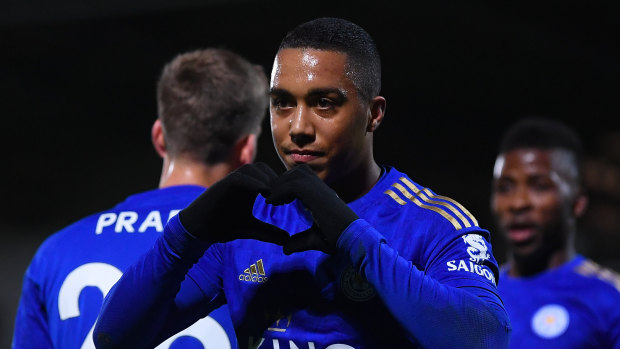Youri Tielemans of Leicester City celebrates after scoring his team's second goal against Burton Albion.