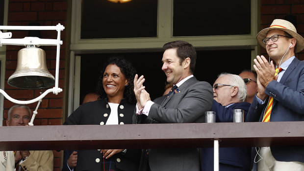 Mel Jones, seen here ringing the five-minute bell at Lord's during this year's Ashes series, has joined the Cricket Australia board.