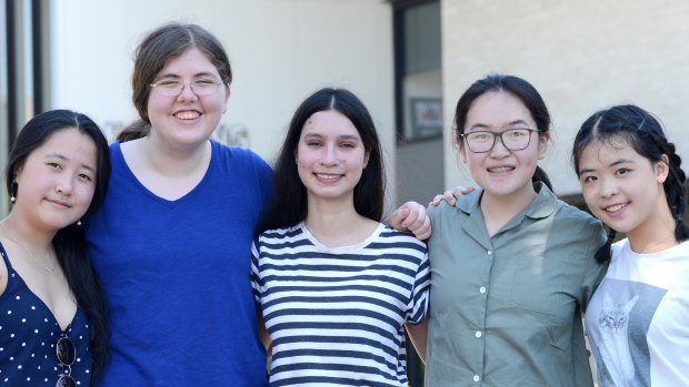 The five PLC students who achieved a perfect score of 45 (from left to right): Dora Du, Amy Leembruggen, Sai Campbell, Jessica Xia and Carrie Fei