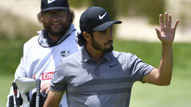 Momentum: Abraham Ancer reacts after chipping in on the fourth hole during his final round at The Lakes.