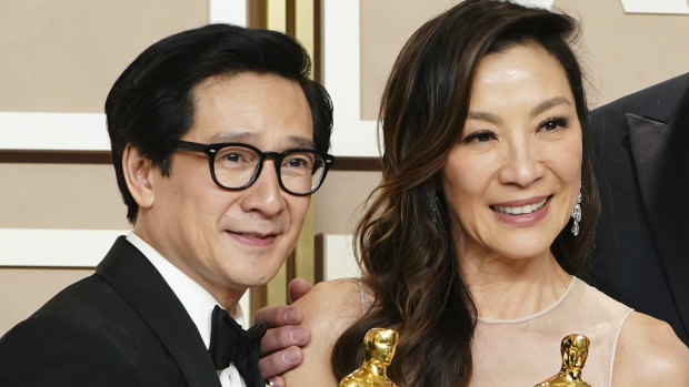 Ke Huy Quan and Michelle Yeoh backstage at the Oscars.
