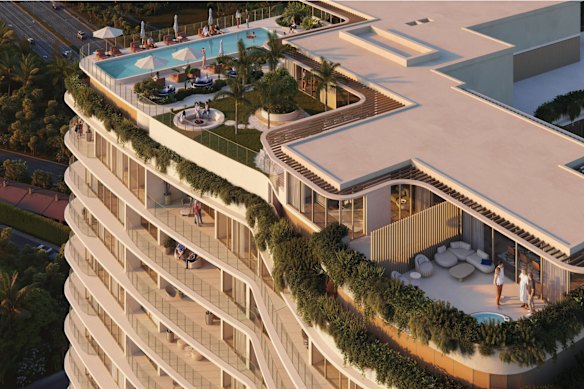 The proposed tower opposite Westfield Carindale features a cinema, rooftop pool and garden with a fire pit, barbecue area, gym, hot and cold plunge pools, a steam room and a sauna.