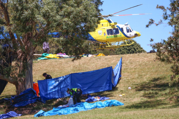 A helicopter ambulance at the site of the jumping castle tragedy in Devonport, in December 2021.
