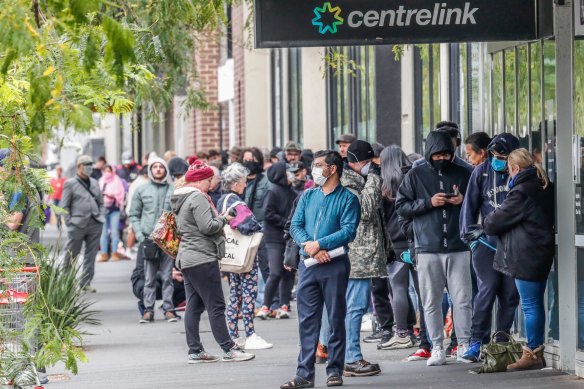 Queues outside Centrelink were a stark early sign of Australia's coronavirus unemployment woes. 