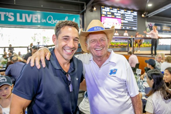 Billy Slater is congratulated by Gerry Harvey after his horse sold for $180,000 at the Magic Millions sales.