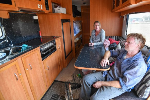 Rebecca and Eric West in their caravan at the Bairnsdale relief centre. Their home was saved by a sprinkler system.