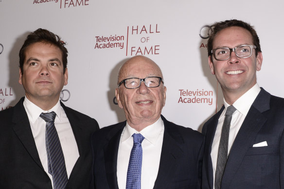 In more united times: Lachlan Murdoch, Rupert Murdoch and James Murdoch in California in 2014.