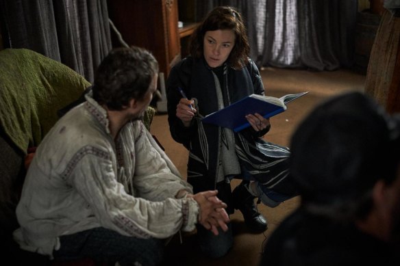 Director Mirrah Foulkes on set with Damon Herriman.