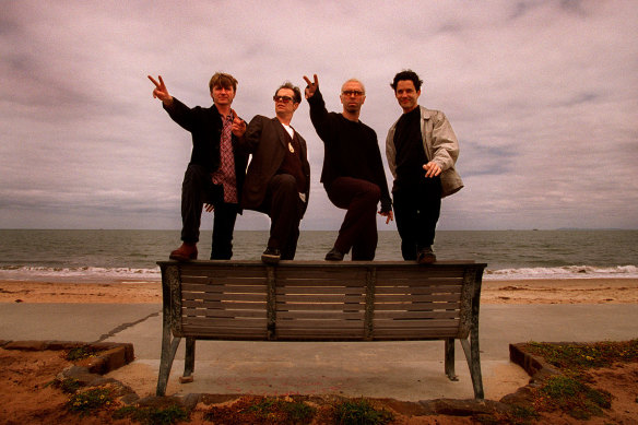 Final tour: Neil Finn, Paul Hester, Nick Seymour and Mark Hart on Port Phillip Bay, Melbourne, days before the Sydney concert.