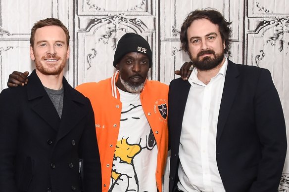 Williams with Michael Fassbender, left, and Justin Kurzel in December 2016.