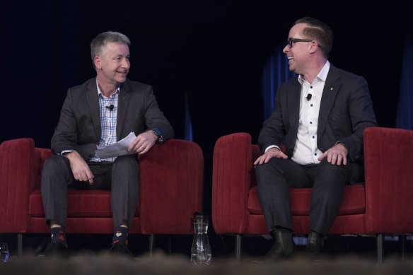 Double-act: Qantas chief Alan Joyce (right)  and his brother Anthony Joyce.