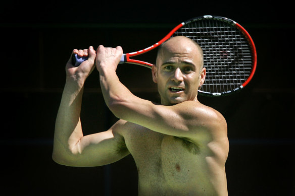 Andre Agassi trains in Melbourne for the Australian Open in 2005.