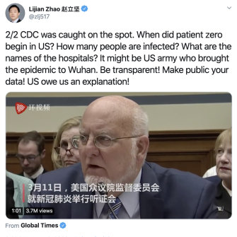 Zhao Lijian had floated conspiracy theories that the virus originated in the United States.