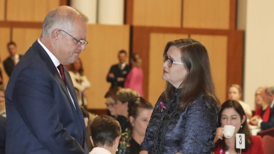 Prime Minister Scott Morrison speaks with Sex Discrimination Commissioner Kate Jenkins.