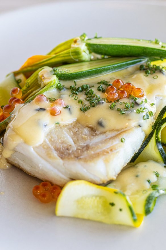 Wood-fired snapper, beurre blanc and zucchini flower.
