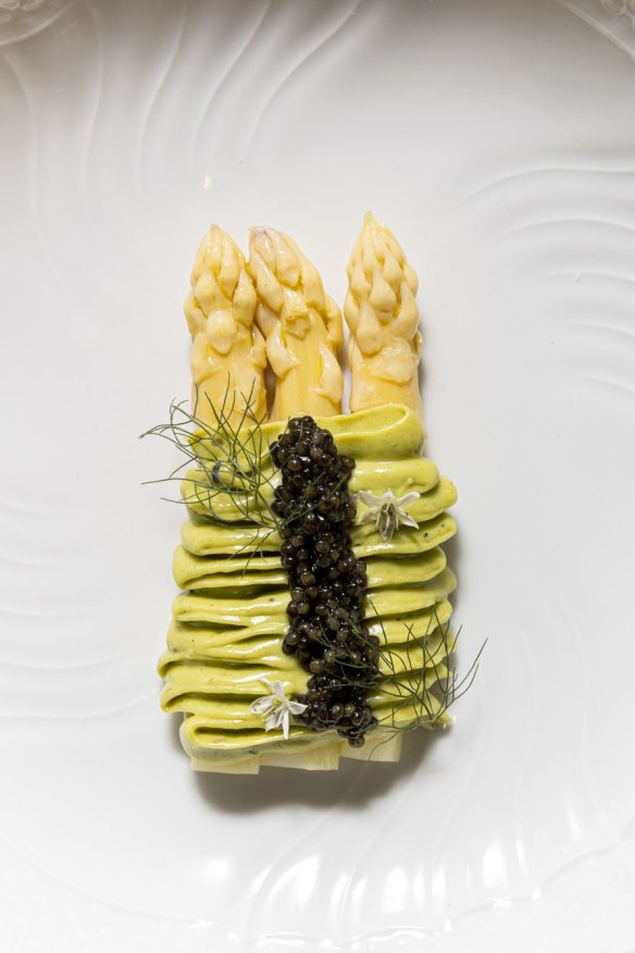White asparagus with oyster and caviar.