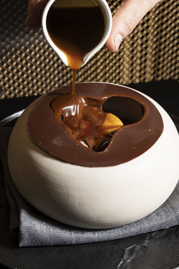 Chocolate delice with roasted soy parfait and yuzu sauce.