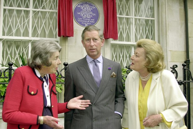 The Prince of Wales stands by Countess Mountbatten of Burma (L), and Lady Pamela Hicks