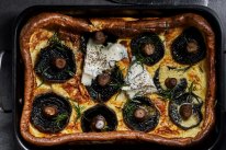 Roasted mushroom toad-in-the-hole with gorgonzola. 