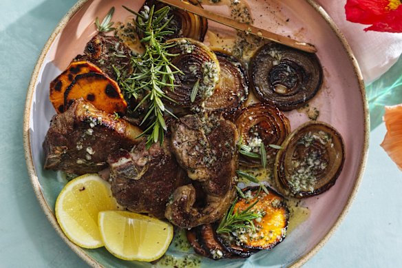 Barbecued lamb chops with sweet potato and rosemary butter.