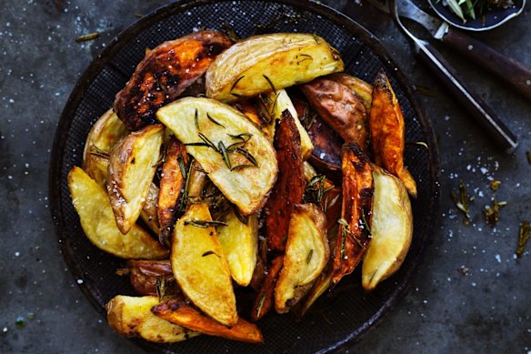 Roast potato wedges. 