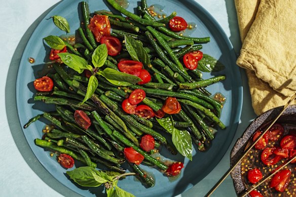 Grilled snake bean and basil salad.