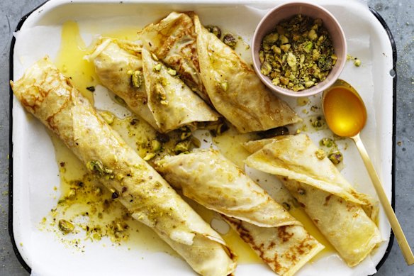 Baklava-ish honey and pistachio filled crepes.