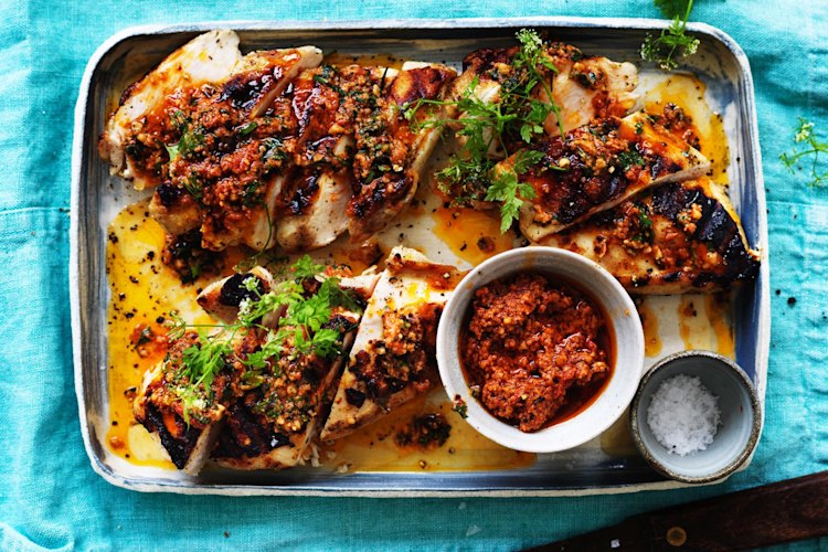 Neil Perry's barbecued chicken breast with romesco.