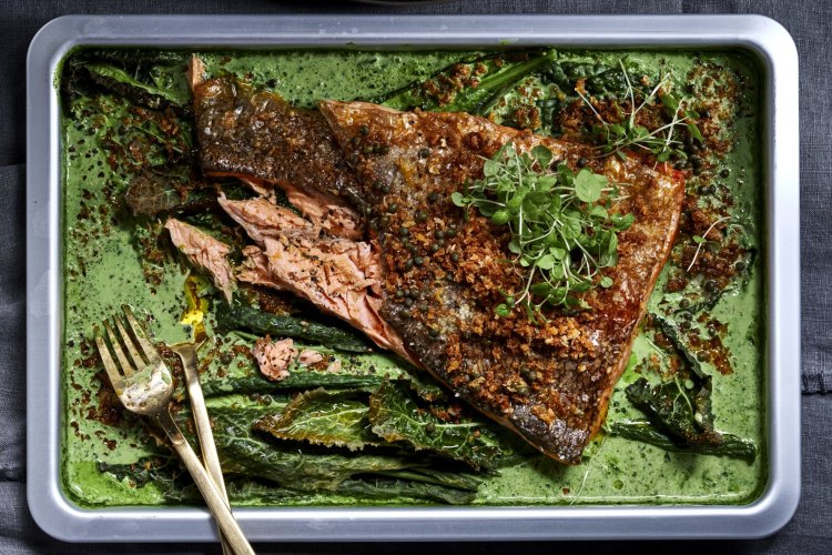 One tray baked fish and creamed greens.