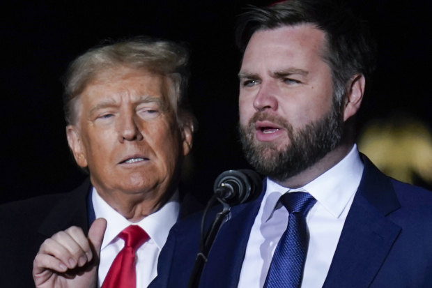 J. D. Vance and former US president Donald Trump at a campaign rally in November 2022 in Ohio.