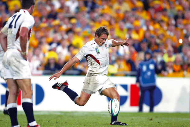 Jonny Wilkinson kicks the winning drop goal against Australia.