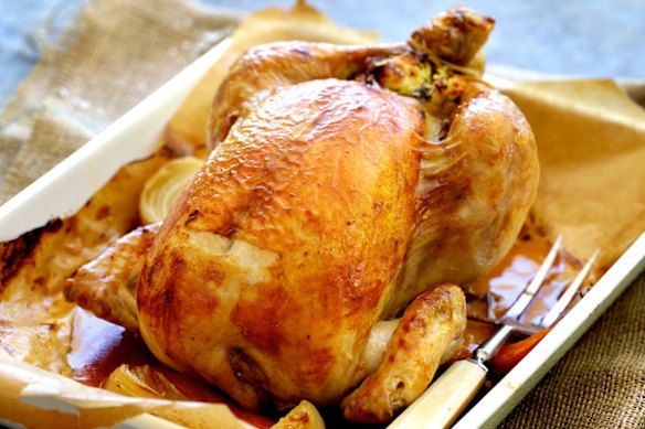 Adam Liaw’s classic roast chicken with bread and butter stuffing. 