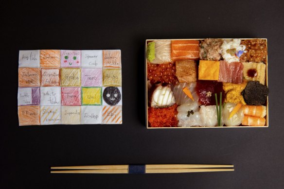 Tomoyuki Matsuya’s chirashi sushi box was originally designed by his daughter Mone.