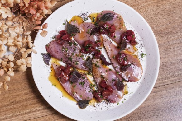 Bonito crudo with burnt honey and rhubarb-boshi at Ante in Newtown on 20 January, 2022. Photo: Brook Mitchell